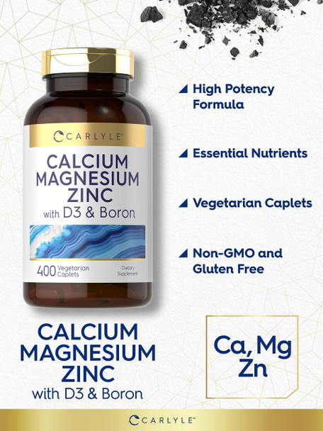 Calcium Magnesium Zinc With Vitamin D3 And Boron | 400 Caplets | Vegetarian, Non-Gmo Supplement | By Carlyle