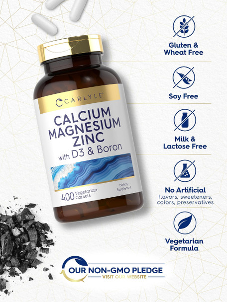 Calcium Magnesium Zinc With Vitamin D3 And Boron | 400 Caplets | Vegetarian, Non-Gmo Supplement | By Carlyle