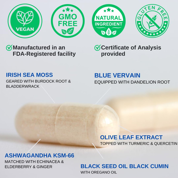 Vinatura Organic Sea Moss, Blue Vervain Advanced - 1250Mg Per Serving, With Bladderwrack Burdock, Ashwagandha, Black Seed Oil