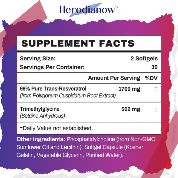 Herodianow Liposomal Resveratrol With Tmg Supplement 2200 Mg, Trans-Resveratrol & Trimethylglycine - Aging, Immune System, 60 Sof