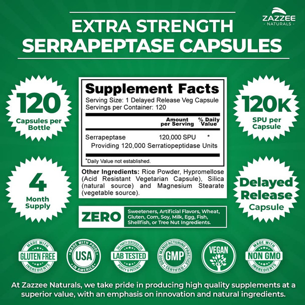 Zazzee Extra Strength Serrapeptase, 120,000 Spu Per Capsule, 120 Vegan Capsules, 4 Month Supply, Delayed Release, Potent