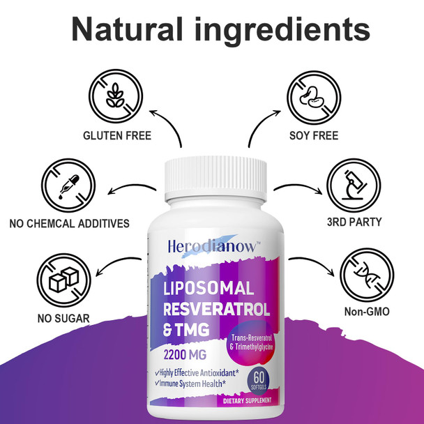 Herodianow Liposomal Resveratrol With Tmg Supplement 2200 Mg, Trans-Resveratrol & Trimethylglycine - Aging, Immune System,Vegan