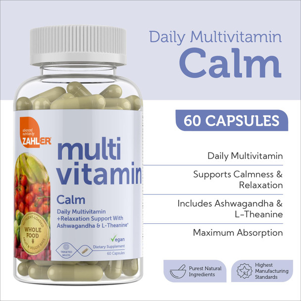 Zahler Multivitamin Calm, Daily Multivitamin +Relaxation Support, Multivitamin For Women And Men With Iron, Certified Kosher, 60