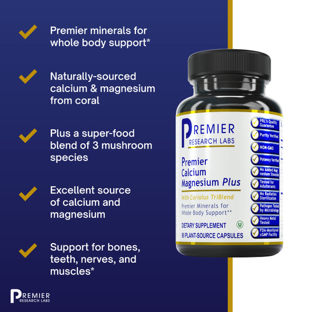 Premier Research Labs Calcium Magnesium Plus, Premier - For Bone, Joint & Teeth Health - Optimal Alkaline Ph - With Sustainably