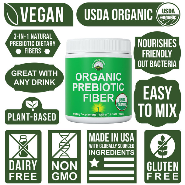 Organic Prebiotic Fiber 3-In-1 Vegan Powder For Gut Health. Usda Organic Raw Whole Food Plant Based Prebiotics Digestive Suppleme