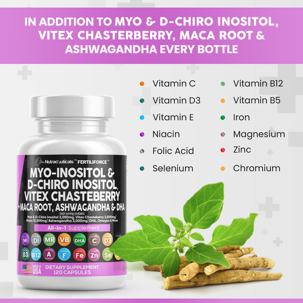 Myo-Inositol & D-Chiro Inositol 2050Mg Fertility Supplement 40:1 Ratio - Prenatal Vitamins For Women With Ashwagandha 3000Mg