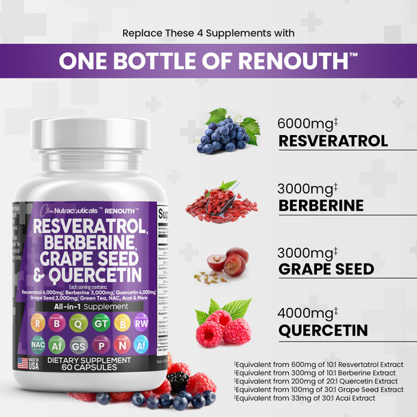 Resveratrol 6000Mg Berberine 3000Mg Grape Seed Extract 3000Mg Quercetin 4000Mg Green Tea Extract - Polyphenol Supplement