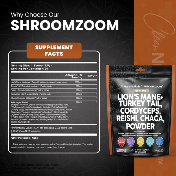 Mushroom Powder Complex Supplement With Lions Mane Mushrooms Turkey Tail Extract Cordyceps Chaga Reishi Maitake Meshima Poria