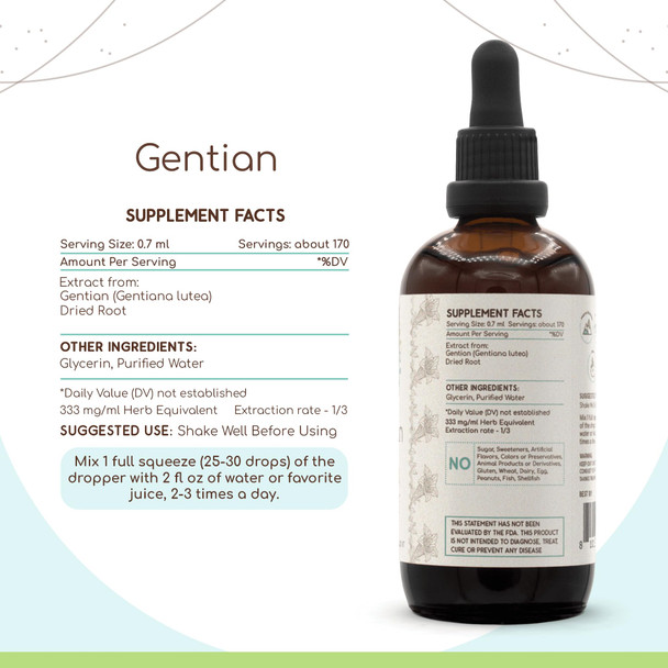 Gentian B120 Alcohol-Free Herbal Extract Tincture, Concentrated Liquid Drops Natural Gentian (Gentiana Lutea) Dried Root (4 Fl Oz