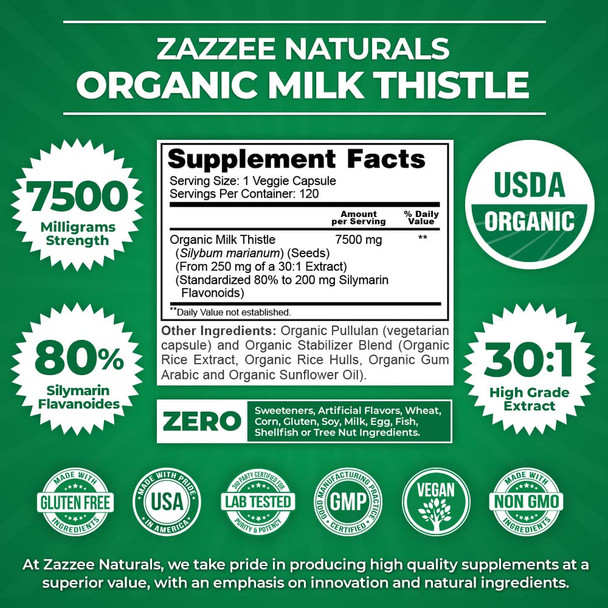 Zazzee Usda Organic Milk Thistle 30:1 Extract, 7500 Mg Strength, 120 Vegan Capsules, 80% Silymarin Flavonoids, Standardized