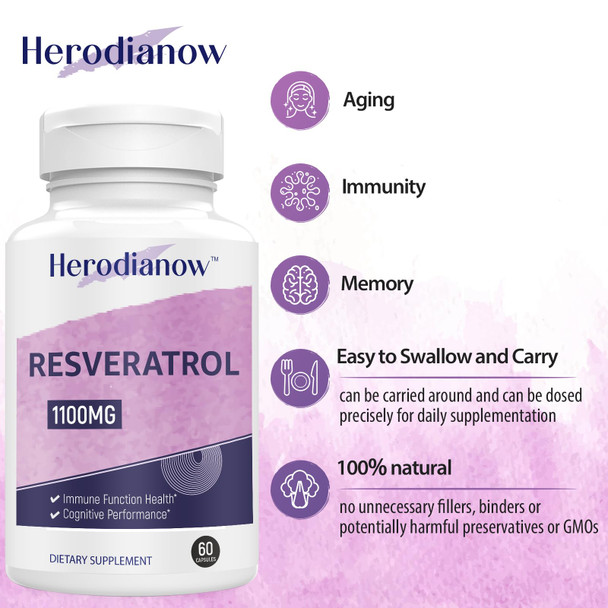 Herodianow Ultra High Purity Resveratrol, 1100Mg Trans-Resveratrol Supplement, Aging, Immune System, 60 Capsule(Pack Of 2)