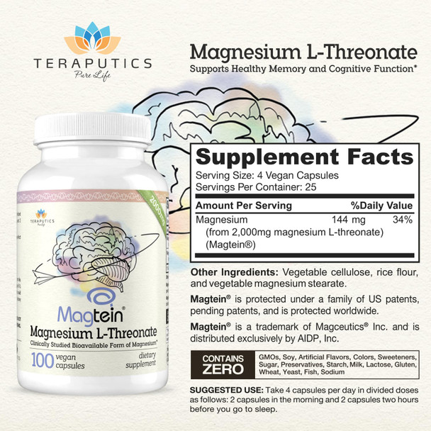 Magnesium L Threonate (Original Magtein Formula) - 2000 Mg 100 Vegan Capsules Non-Gmo Highly Absorptive Pure Supplement A Vitamin