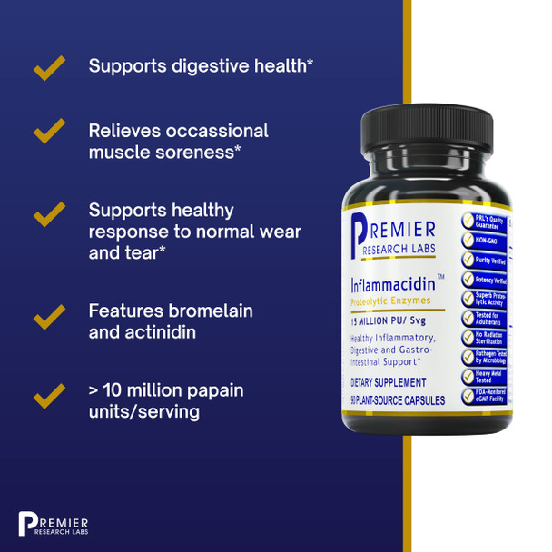 Premier Research Labs Inflammacidin - Supports Digestive & Gastrointestinal Health - Features Bromelain, Papain & Actinidin Enzym