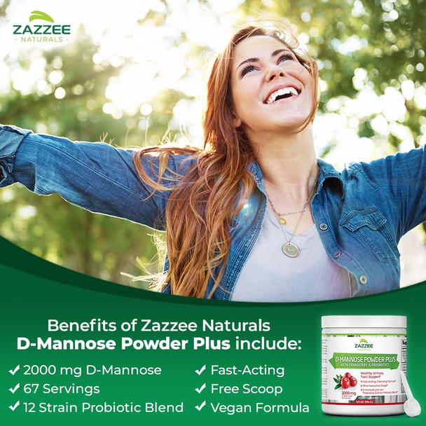 Zazzee D-Mannose Powder Plus, 2000 Mg, 67 Servings, Potent & Fast-Acting, Plus 5 Billion Cfu Probiotics And Pure Cranberry Juice