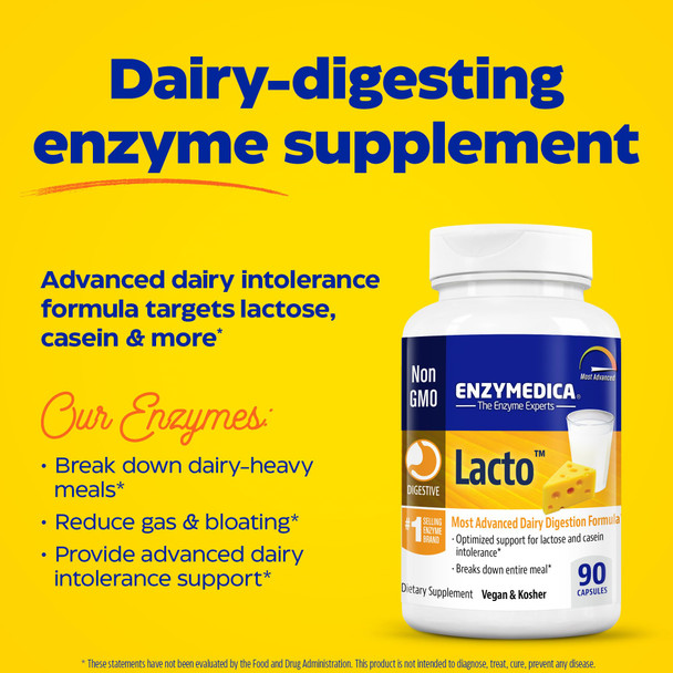 Enzymedica Lacto, Maximum Strength Formula For Dairy Intolerance, With Enzymes Lactase And Protease, Relieves Digestive Discomfor