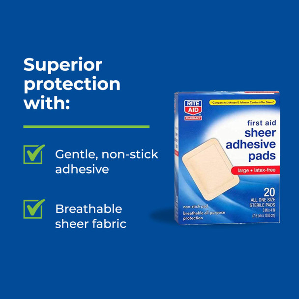 Rite Aid Sheer Adhesive Bandages With Sterile Non Stick Pad, 3" X 4" - 20 Count | Wound Care/First Aid Supplies | Bandage Wrap |