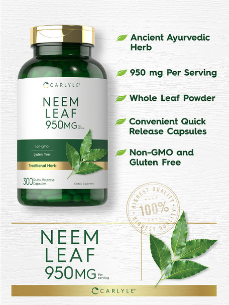 Carlyle Neem Leaf | 950Mg | 300 Powder Capsules | Non-Gmo And Gluten Free Formula | Value Size | Traditional Herbal Supplement |