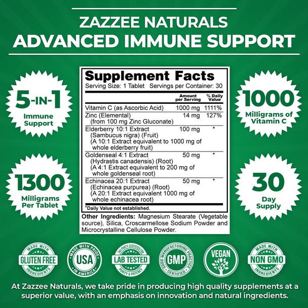 Zazzee Advanced Immune Support, 1300 Mg Per Tablet, 30 Vegan Tablets, 30 Day Supply, 1000 Mg Vitamin C, 1000 Mg Echinacea, 1000