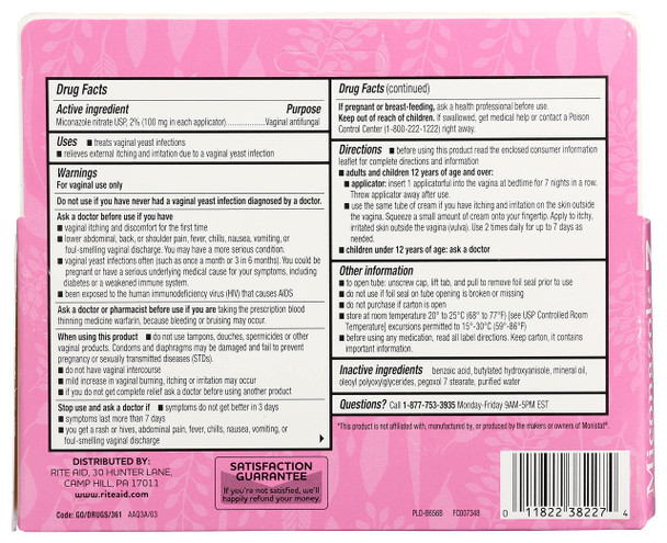 Rite Aid Miconazole 7, Miconazole Nitrate Vaginal Cream, Usp 2% | 7 Day Treatment | Antifungal Cream | Feminine Care | Yeast Infe