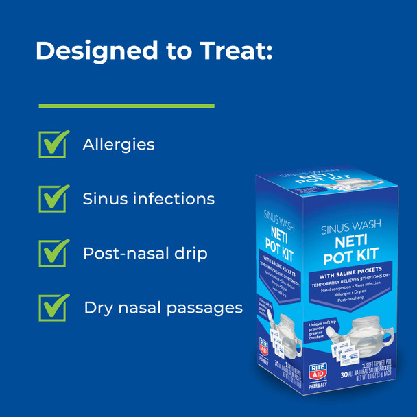 Rite Aid Neti Pot Nasal Rinse Kit With 30 Salt Packets - 1 Kit | Sinus Rinse For S & Children | Sinus Relief