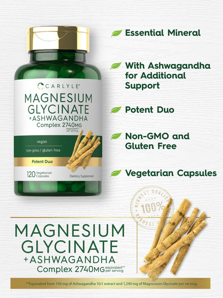 Magnesium Glycinate With Ashwagandha | 2,740Mg Complex | 120 Vegetarian Capsules | Potent Duo | Vegetarian, Non-Gmo, And Gluten