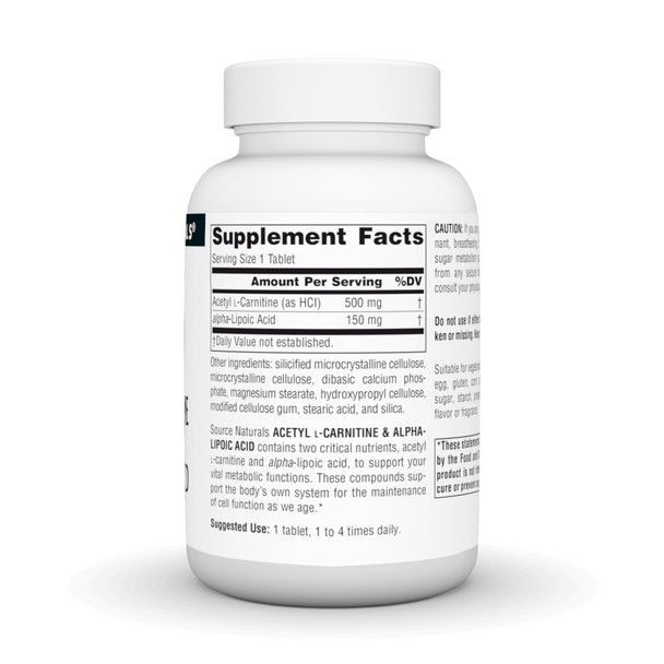 Source Naturals Acetyl L-Carnitine & Alpha-Lipoic Acid for Cellular Vitality 650 mg - 60 Tablets