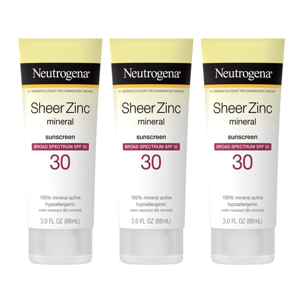 Neutrogena Sheer Zinc Oxide Dry-Touch Sunscreen Lotion with Broad Spectrum SPF 30 UVA/UVB Protection, Water-Resistant, Hypoallergenic & Non-Greasy Mineral Sunscreen, Paraben-Free, 3 fl. oz (Pack of 3)