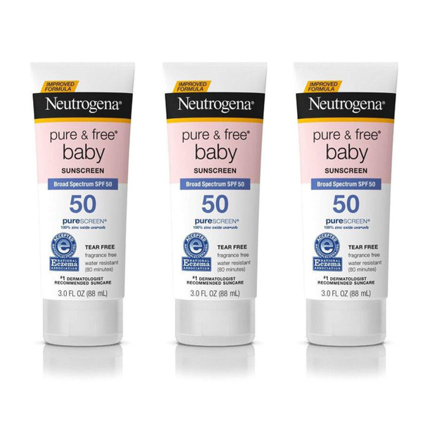 Neutrogena Pure & Free Baby Mineral Sunscreen Lotion with Broad Spectrum SPF 50 & Zinc Oxide, Water-Resistant, Hypoallergenic & Tear-Free Baby Sunscreen, Paraben-Free, Dye-Free, 3 fl. oz (Pack of 3)