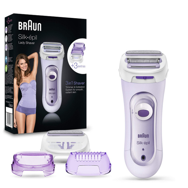 Braun Silk-épil Lady Shaver 5-560 Violet 3-in-1 Cordless Electric Shaver, Trimmer and Exfoliation System with 3 Extras (2 pin bathroom plug)