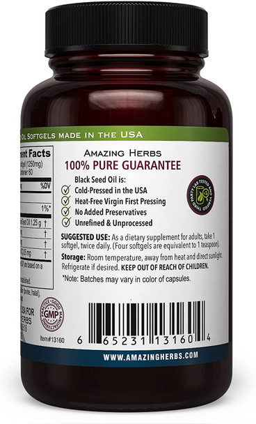 Amazing Herbs Premium Black Seed Oil 1250mg - 60 Softgels - Cold-Pressed Black Cumin Seed Oil - Immune System (2 Pack)