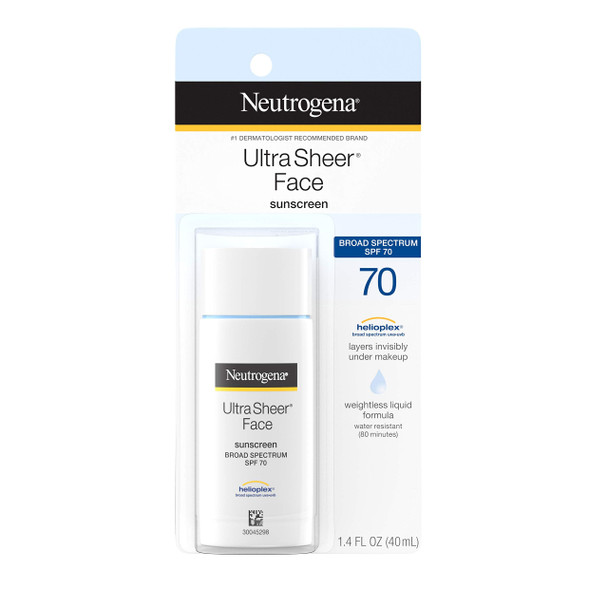 Neutrogena Ultra Sheer Liquid Daily Facial Sunscreen with Broad Spectrum SPF 70, Non-Comedogenic, Oil-free & PABA-Free Weightless Sun Protection, 1.4 fl. oz (Pack of 2)