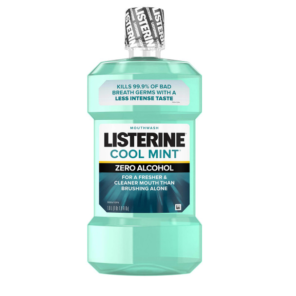 Listerine Zero Alcohol Mouthwash, Alcohol-Free Oral Rinse Formula to Kill 99% of Germs that Cause Bad Breath for Fresh Breath & Clean Mouth, Less Intense Taste, Cool Mint Flavor, 1 L