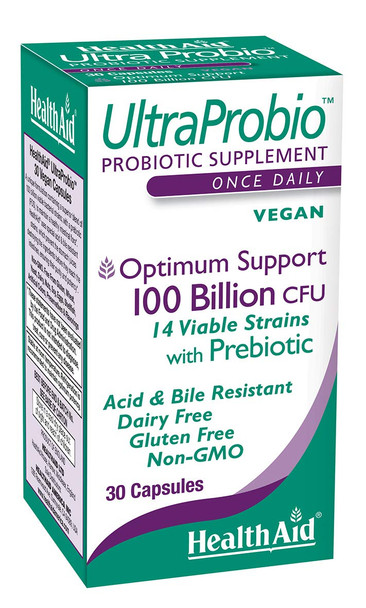 HealthAid UltraProbio, 100 Billion 30ct Once Daily Capsules, Optimum Support 100 Billion with Prebiotic, Acid & Bile Resistant, Dairy & Gluten Free, Non-GMO, Vegan