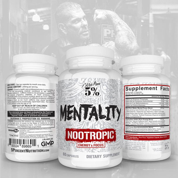 5% Nutrition Rich Piana Mentality Nootropic Blend | Brain Booster Supplement for Performance, Memory, Mental Clarity | Ginseng, Ginkgo, L-Theanine, Choline, Huperzine, 60 Capsules (30 Day Supply)