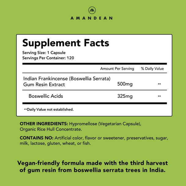 AMANDEAN Boswellia Serrata Extract. 500mg 120 Veggie Capsules. 65% Boswellic s with AKBA. Indian Frankincense Inflammation Supplement. 3rd Harvest