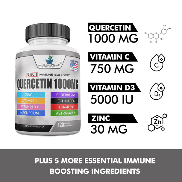 Quercetin 1000mg, Zinc 30mg, Vitamin C 750mg, Vitamin D 5000IU, Magnesium, Turmeric Curcumin Extract, Elderberry Extract, Echinacea Astragalus, Quercetin with Zinc, Immune Support, 120 Vegan Capsules