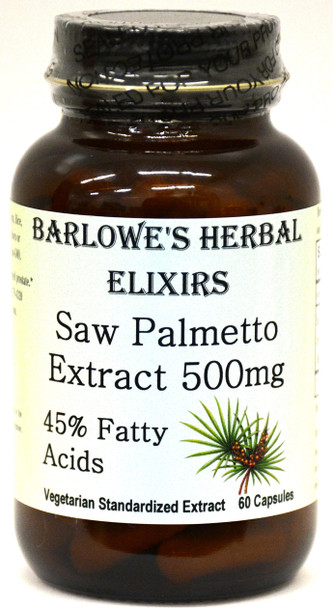 Barlowe's Herbal Elixirs Saw Palmetto Extract - 45% Fatty Acids - 60 500mg VegiCaps - Stearate Free, Glass Bottle!