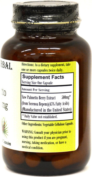 Barlowe's Herbal Elixirs Saw Palmetto Extract - 45% Fatty Acids - 60 500mg VegiCaps - Stearate Free, Glass Bottle!