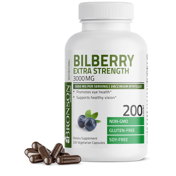 Bronson Bilberry Extra Strength 3000 mg  Vaccinium Myrtillus, Promotes Eye Health and Supports Healthy Vision - Non GMO, 200 Vegetarian Capsules