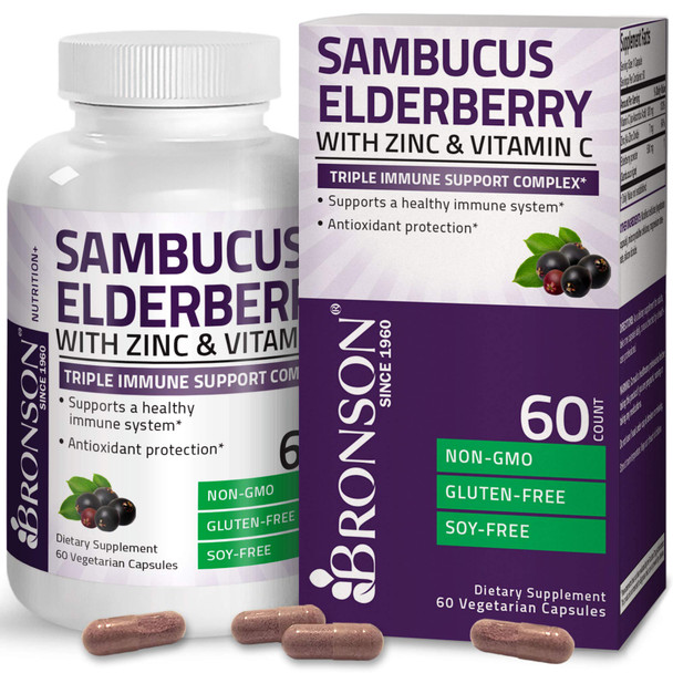 Bronson Sambucus Elderberry With Zinc & Vitamin C Triple Immune Support Complex Immune & Antioxidant Protection, Non-Gmo, 60 Vegetarian Capsules