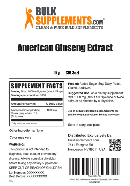 BulkSupplements American Ginseng Extract Powder - Ginseng Supplement for Energy Support, Herbal Supplement -  - 1000mg  (1 Kilogram - 2.2 lbs)