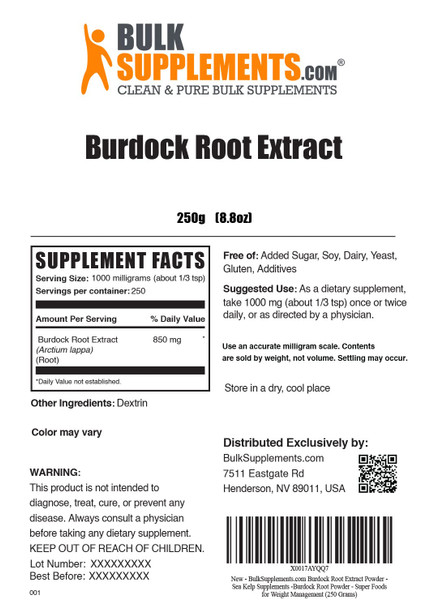 BulkSupplements Burdock Root Extract Powder - Herbal Supplements for Liver, Skin & Immune Support - , Soy Free - 1000mg , 250 Servings (250 Grams - 8.8 oz)