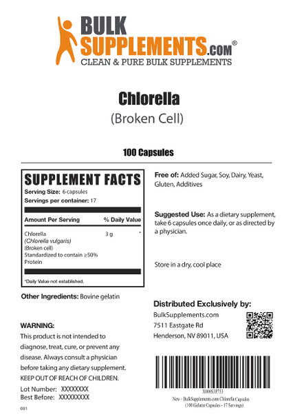 BulkSupplements Chlorella Capsules - Superfood Supplement for Immune Support, Broken Cell Wall -  - 3g (6 Capsules)  - 17-Day Supply (100 Capsules)