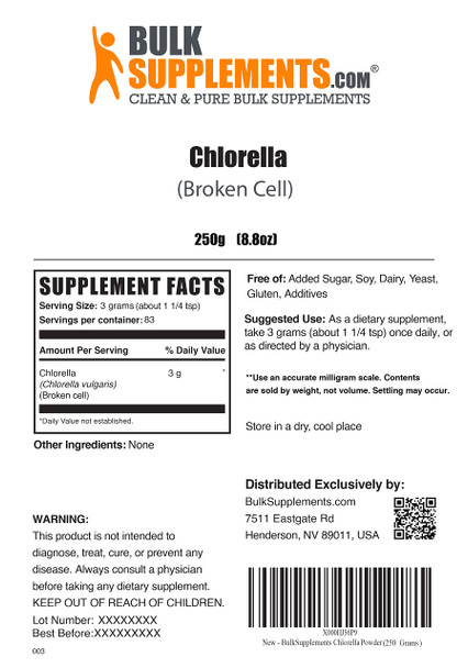 BulkSupplements Chlorella Powder - Superfood Supplement for Immune Support, Broken Cell Wall - Vegan,  Powder - 3g s, 83 Servings (250 Grams - 8.8 oz)
