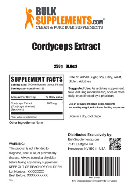 BulkSupplements Cordyceps Mushroom Extract Powder - Cordyceps Powder - Mushroom Powder Supplements - Cordyceps Mushroom Powder - 2000mg of Cordyceps Sinensis  (250 Grams - 8.8 oz)