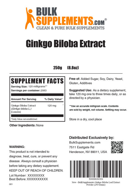 BulkSupplements Ginkgo Biloba Extract Powder - Herbal Supplement, Sourced from Ginkgo Biloba Leaf -  - 120mg , Multiple Servings (250 Grams - 8.8 oz)