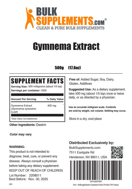 BulkSupplements Gymnema Sylvestre Extract Powder - Herbal Supplement Powder, from Gymnema Leaf - 500mg of Gymnema Extract ,  (500 Grams - 1.1 lbs)