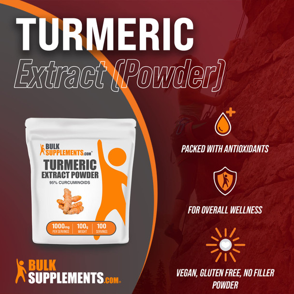 BulkSupplements Turmeric Extract Powder, 95% Curcuminoids - Herbal Supplements - Vegan &  - Pure Turmeric with Curcumin Supplement - 1000mg  (100 Grams - 3.5 oz)
