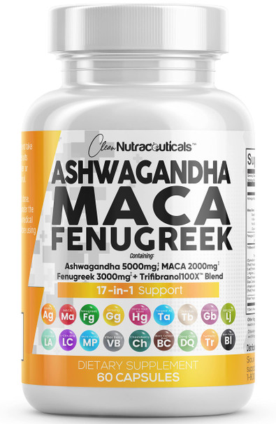 Ashwagan 5000mg Maca Root 2000mg Fenugreek 3000mg Supplement with Tongkat Ali Ginseng - Assists with , Mood & Thyroid Health - Ashwagan Capsules Maca Pills Fenugreek Caps - 60 Count