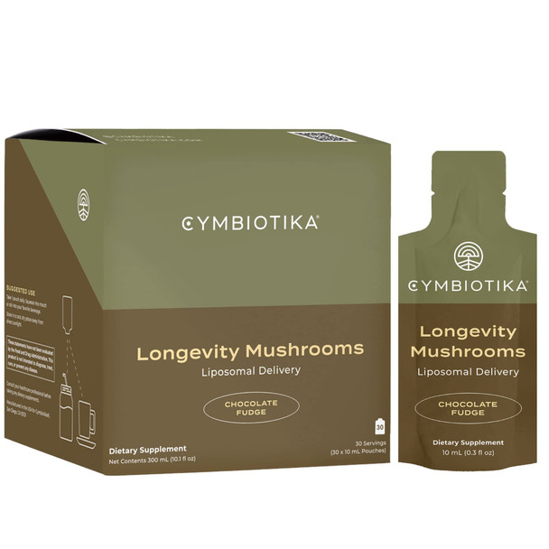 CYMBIOTIKA Liquid Mushroom Supplement, Brain Nootropic & Immune System Booster, Lion's Mane, Maitake, Reishi, Turkey Tail, GMO-Free, Vegan, Keto, Chocolate Fudge Syrup - 10ml Pouches (Pack of 30)